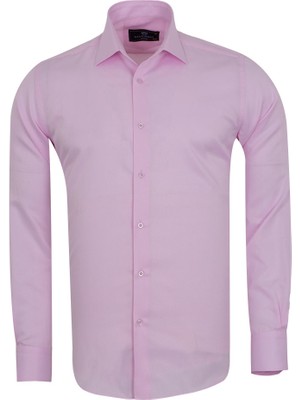 MAKROM Pembe Erkek Gömlek Yaka Slim ve Regular Fit Pamuklu Dokuma Uzun Kollu Gömlek