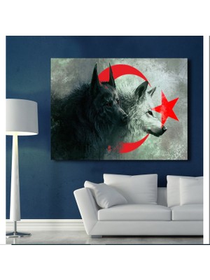 Evdetablo Alfa Kurdu Kurt ve Türk Bayrağı Kanvas Tablo Duvar Tablosu
