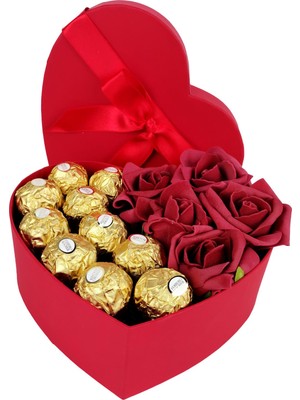 Sevgiliye Özel Kalp Kutulu Ferrero Rocher ve Gül Hediye Kutusu
