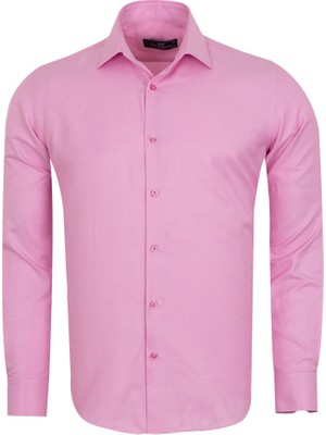 MAKROM Pembe Erkek Gömlek Yaka Slim ve Regular Fit Pamuklu Dokuma Uzun Kollu Gömlek
