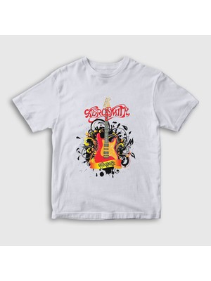 Presmono Unisex Çocuk Beyaz Gitar Aerosmith T-Shirt