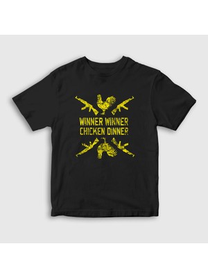 Presmono Unisex Çocuk Siyah Chicken Dinner Pubg T-Shirt
