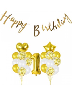 Parti Furyası 1 Yaş Gold Happy Birthday balon Seti
