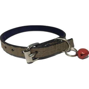 Koyu Bej Rengi Kendinden Kabartma Desenli Derili 1 cm Metal Kilit Tokalı Zilli Kedi Tasması