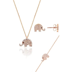 Söğütlü Silver Gümüş Rose Zirkon Taşlı Fil Kolye Bileklik ve Küpe Gümüş Üçlü Set