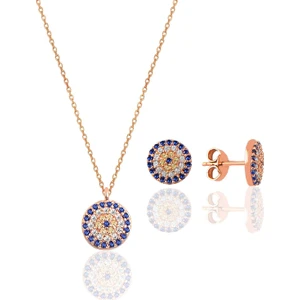 Söğütlü Silver Gümüş Rose Zirkon Taşlı Nazar Kolye ve Küpe Gümüş Ikili Set