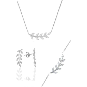 Söğütlü Silver Gümüş Rodyumlu Zirkon Taşlı Yaprak  Üçlü Set