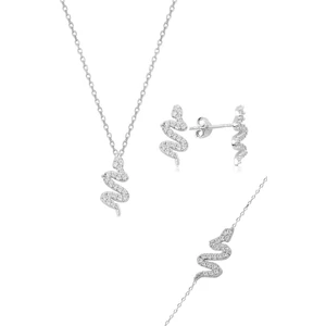 Söğütlü Silver Gümüş Rodyumlu Zirkon Taşlı Gümüş Yılan Üçlü Set