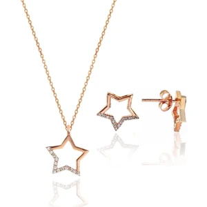 Söğütlü Silver Gümüş Rose Zirkon Taşlı Yıldız Kolye ve Küpe Gümüş Ikili Set