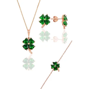 Söğütlü Silver Gümüş Rose Zümrüt  Renkli Yonca Modeli Üçlü Set