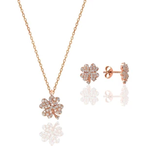 Söğütlü Silver Gümüş Rose Zirkon Taşlı Yonca Kolye ve Küpe Gümüş Ikili Set