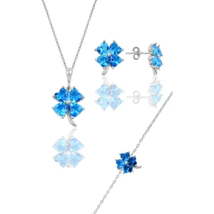 Söğütlü Silver Gümüş Rodyumlu Akuamarin  Renkli Yonca Modeli Üçlü Set