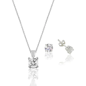 Söğütlü Silver Gümüş Rodyumlu Tek Taş Kolye ve Küpe Gümüş Set