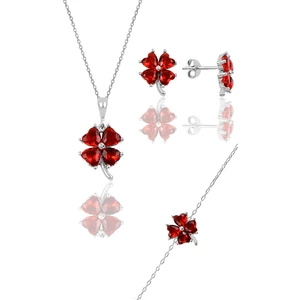 Söğütlü Silver Gümüş Rodyumlu Lal  Renkli Yonca Modeli Üçlü Set