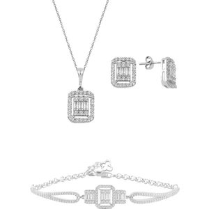 Söğütlü Silver Gümüş Rodyumlu Baget Taşlı  Kolye Küpe ve Bilezik  Gümüş Set