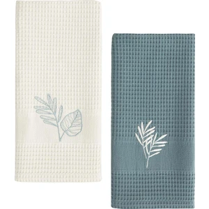 2'li Tea Towel Yaprak Nakışlı Yeşil & Bej 50 x 70 cm Kurulama Bezi Seti