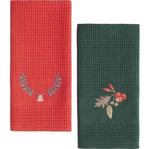 2'li Tea Towel Kiraz Nakışlı Kırmızı & Yeşil 50 x 70 cm Kurulama Bezi Seti