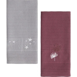 2'li Tea Towel Yıldız Nakışlı Bordo & Gri 50 x 70 cm Kurulama Bezi Seti
