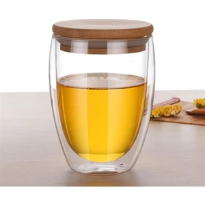 Çift Cidarlı Bambu Kapaklı Bardak 350 ml