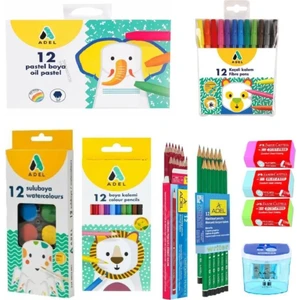 10 Parça Kırtasiye Seti - 12'li Pastel+Sulu+Kuru Boya+Keçeli Kalem