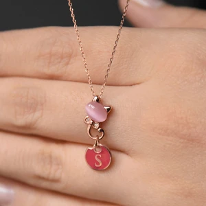 Papatya Silver 925 Ayar Gümüş Rose Kaplama Ay Taşı Harfli Kedi Kolye