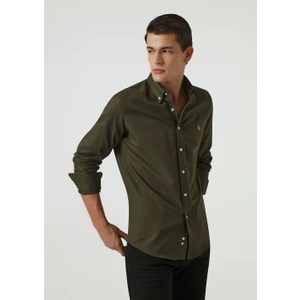 Slim Fit Haki Oxford Düğmeli Yaka Kolay Ütülenebilir Nakış Detaylı Pamuklu Gömlek 4HC02ORT03265