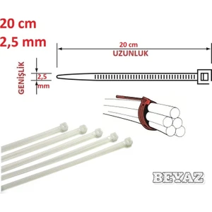 20CM x 2,5mm Plastik Cırt Kelepçe ( Kablo Bağı ) Saydam-Beyaz