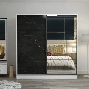 Kale 2 Kapaklı Aynalı Sürgülü Dolap 180 Cm - Beyaz/Royal Mermer