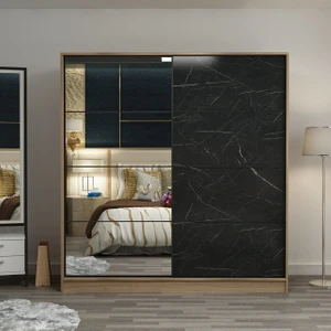 Kale 2 Kapaklı Aynalı Sürgülü Dolap 180 Cm - Dore/ Royal Mermer