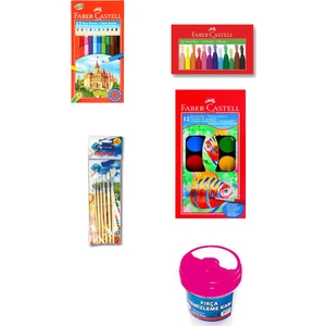 Faber Castel 12'li Sulu, Kuru, Pastel Boya+ Fly Color Fırça Seti 6'lı+ Temizleme Kabı Boyama Seti