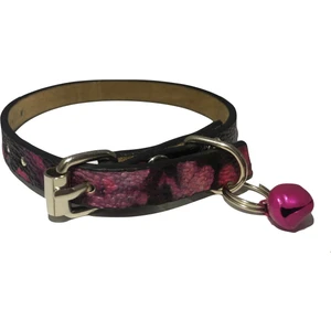 Pembe Siyah Floral Desenli Derili 1 cm Metal Kilit Tokalı Zilli Kedi Tasması
