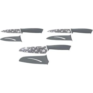 3lü Füme Çiçek Desenli Kılıflı Bıçak Seti