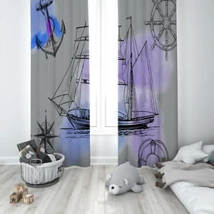 Talia Home Çocuk Odası Bebek Odası Gemi Desenli Fon Perde 2 Kanat TLA-036