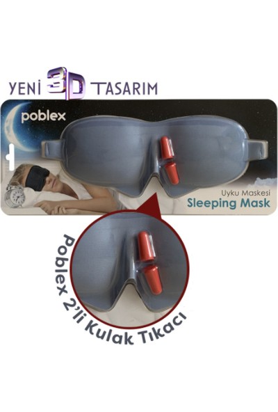 Poblex Uyku Maskesi 3D + Köpük Kulak Tıkacı Mavi