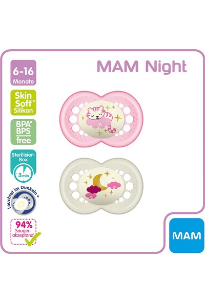 Mam Night (Karanlıkta Parlayan) Ortodontik 2'li Emzik 6 - 16 Ay
