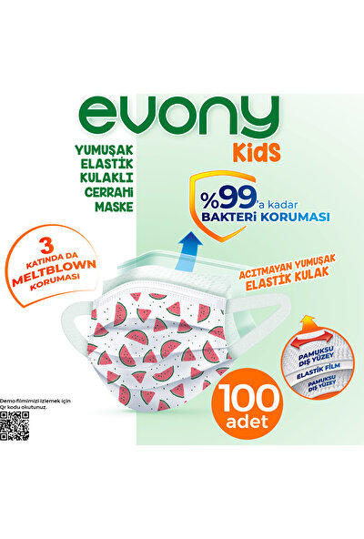 Evony Elastik Kulaklı Çocuk Kids Maske 100 Adet