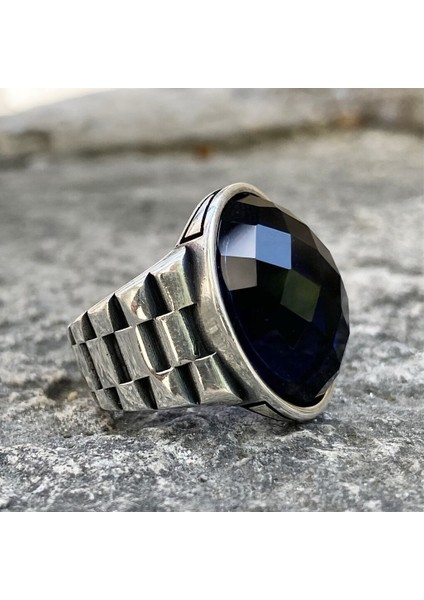 Mavi Zirkon Taşlı Oval Kasa Kordon Model Gümüş Erkek Yüzük