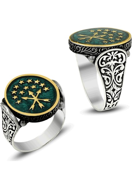 Oval Çerkes Bayrağı Motifli Mineli Gümüş Erkek Yüzük