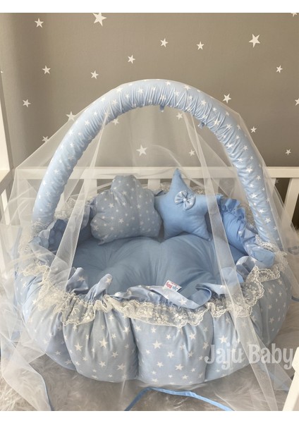 Mavi Yıldız Desenli Tasarım Lüx Oyun Minderi Babynest Cibinlik Tül Oyuncak Aparat Babynest Set