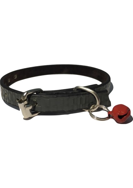 Gri Kendinden Kabartma Desenli Derili 1 cm Metal Kilit Tokalı Zilli Kedi Tasması