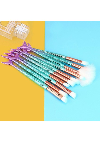 10 Lu Set Mavi Denizkızı Makyaj Ince Fırça Set Güzellik Kozmetik Ekipmanları modelleri