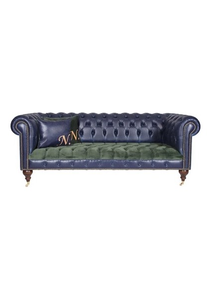 A Mobilya Dark Blue Green Leather Chesterfield