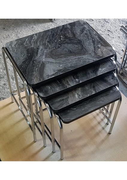 Metal Ayaklı Zigon Sehpa Nikelaj Kaplamalı 4'lü Zigon Sehpa