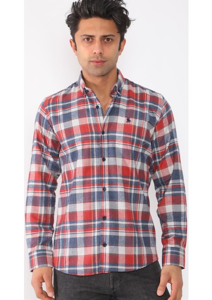 G704 Dewberry Erkek Gömlek-Lacivert-Kırmızı