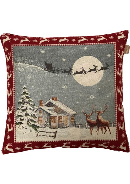 Belıeve Karlı Ev Geyikli Goblen Kırlent 45*45 cm