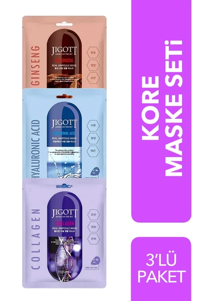 Lüks Kore Maske Seti Collagen + Hyaluronıc Acıd + Gınseng 3'lü Paket