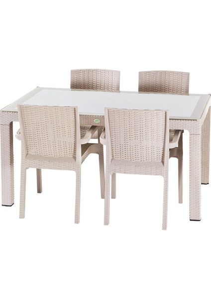 Rattan 90X150CM 4lü Camlı Bahçe Mutfak Masa Takımı Cappucino
