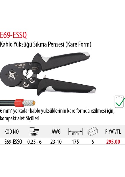 E69-ESSQ Kablo Yüzüğü Sıkma Pensesi ( Kare )