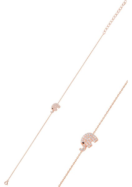 Gümüş Rose Zirkon Taşlı Fil Kolye Bileklik ve Küpe Gümüş Üçlü Set