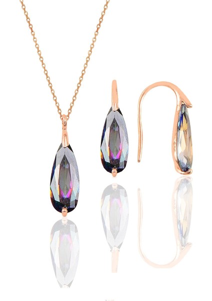 Gümüş Rose Mistik Taşlı Damla Kolye ve Küpe Ikili Gümüş Set